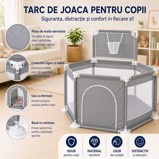 Tarc De Joaca Pentru Copii, Cos De Baschet Integrat, Textil Premium, 130x115x65 cm, Gri