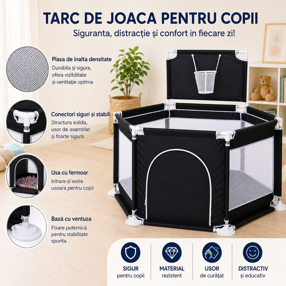 Tarc De Joaca Pentru Copii Cu Cos De Baschet, Structura Stabila, Material Textil, 130x115x65 cm, Negru