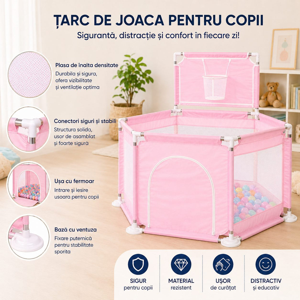 Tarc De Joaca Pentru Copii Cu Cos De Baschet, Usa Cu Fermoar, Material Textil, 130x115x65 cm, Roz Deschis