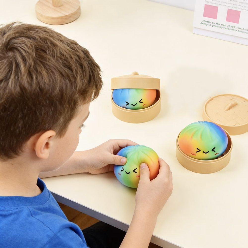 Flampy Jucarie Squishy Antistres, Model Dumpling Interactiv, Silicon Si Plastic, Multicolor Curcubeu, 8.5 cm