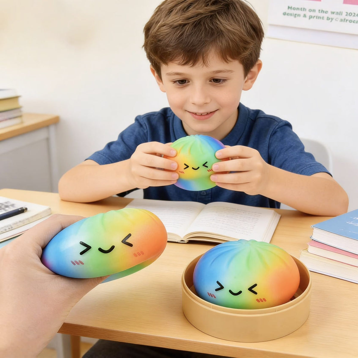 Flampy Jucarie Squishy Antistres, Model Dumpling Interactiv, Silicon Si Plastic, Multicolor Curcubeu, 8.5 cm