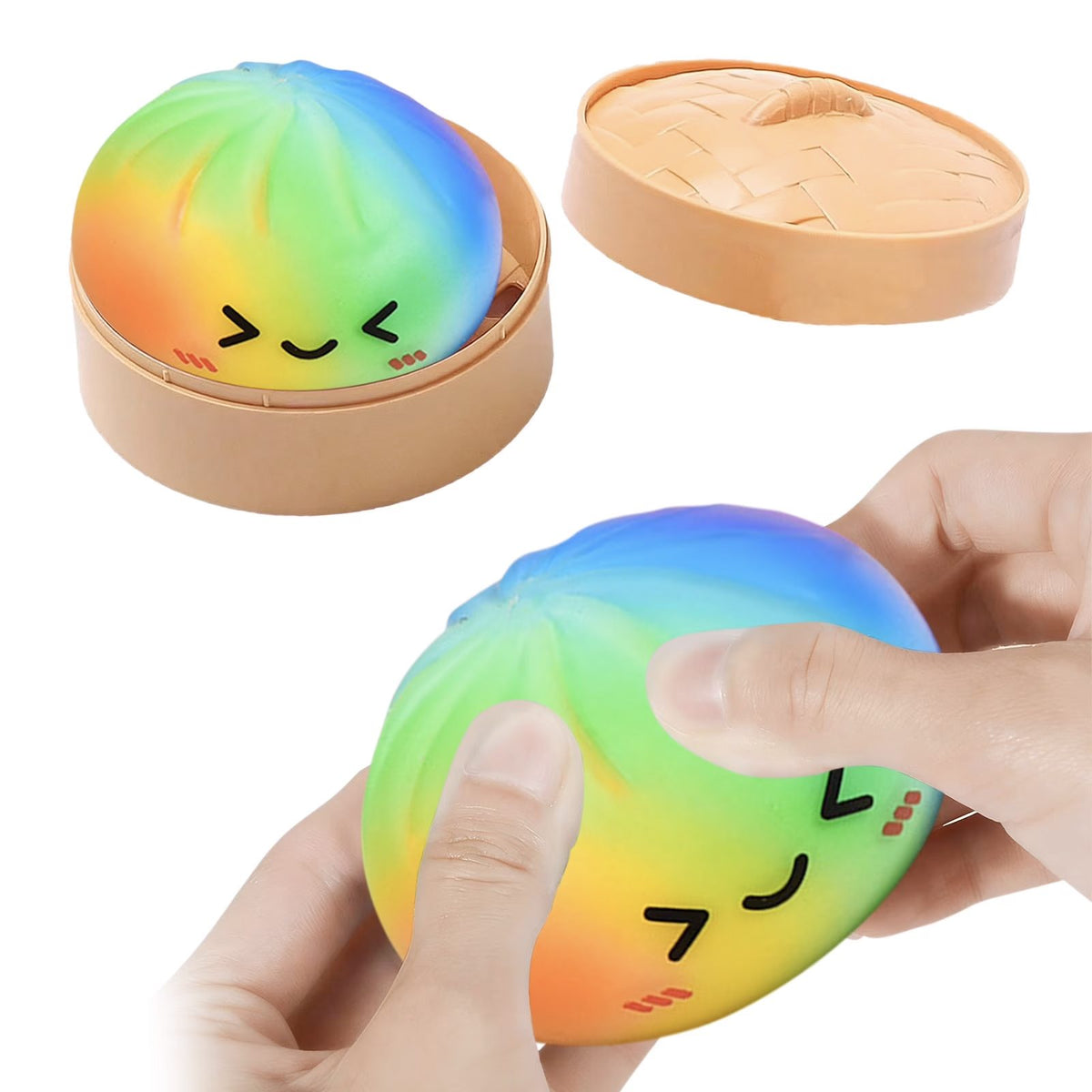 Flampy Jucarie Squishy Antistres, Model Dumpling Interactiv, Silicon Si Plastic, Multicolor Curcubeu, 8.5 cm