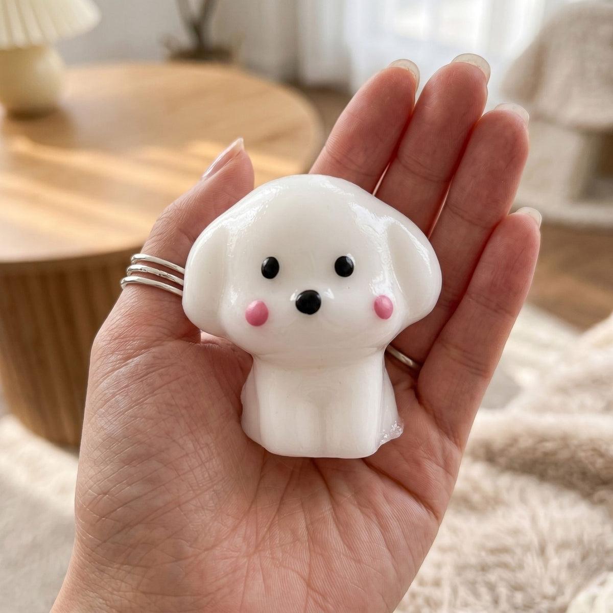 Jucarie Interactiva Antistres Squishy Catelus Kawaii, Silicon Moale TPR cu Revenire Lenta, Textura Soft-Touch, 4.5 x 4.5 cm, Alb/Roz