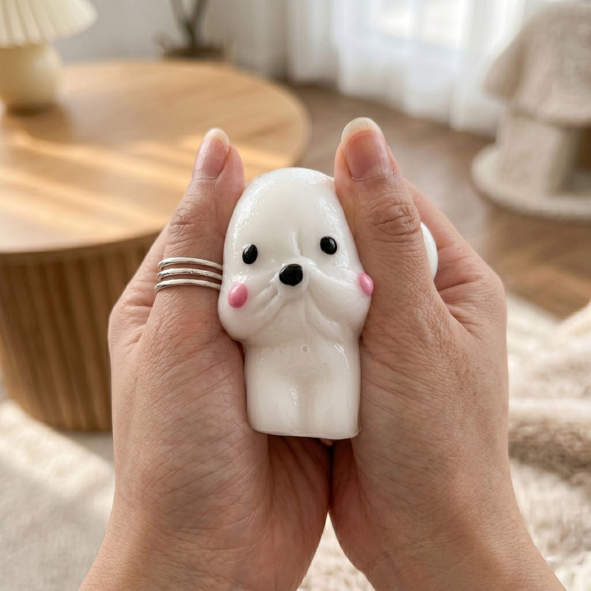 Jucarie Interactiva Antistres Squishy Catelus Kawaii, Silicon Moale TPR cu Revenire Lenta, Textura Soft-Touch, 4.5 x 4.5 cm, Alb/Roz