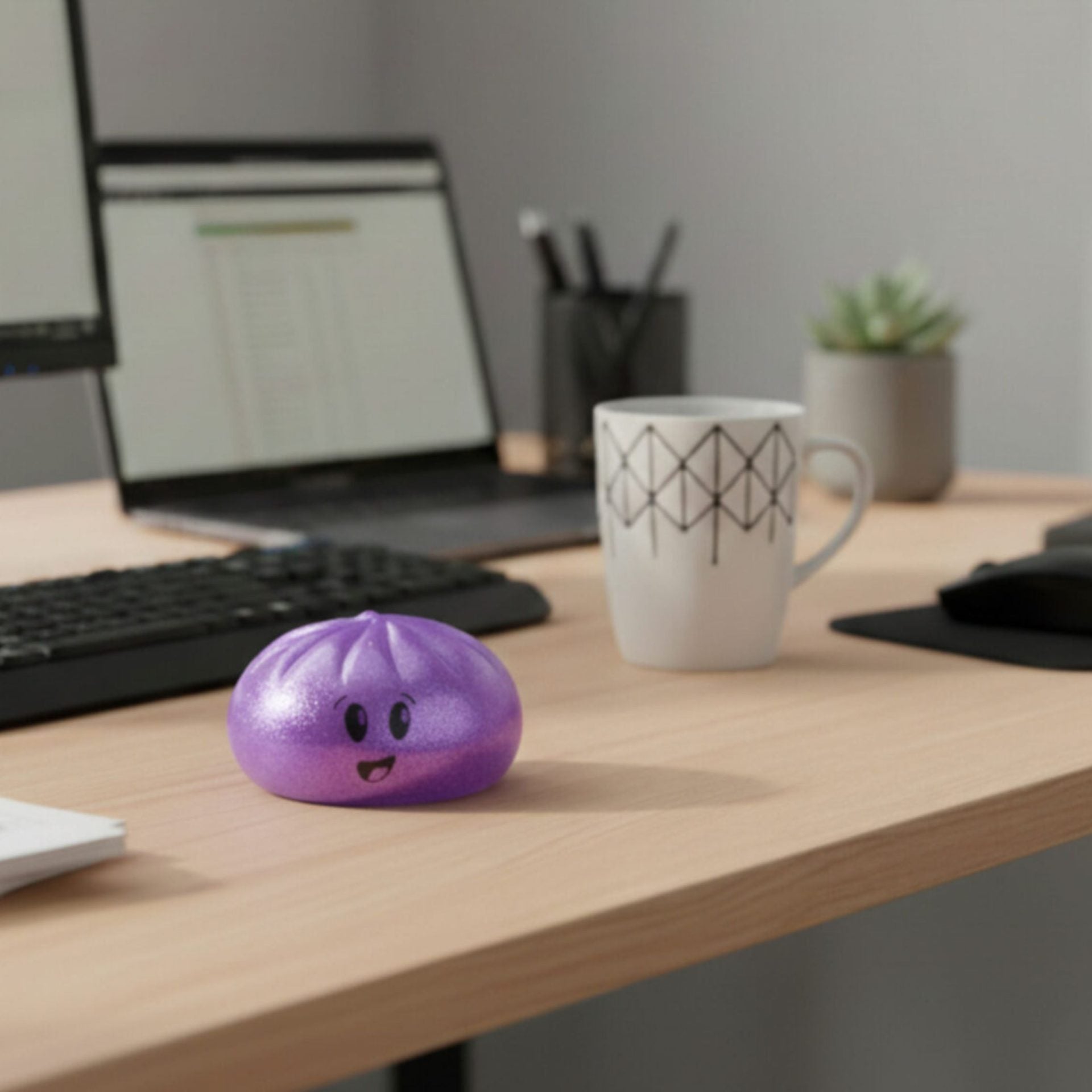 Jucarie Antistres Squishy Gigant, Model Emoji Dumpling cu Sclipici, Jucarie Senzoriala cu Revenire Lenta, Material Elastic Moale, 10 x 10 cm, Mov Violet