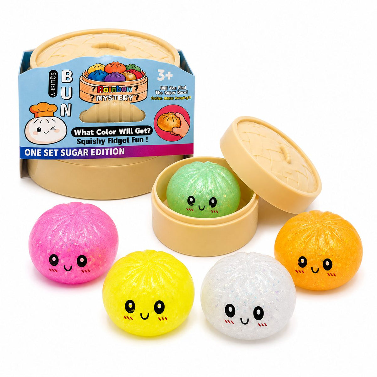 Jucarie Squishy Antistres Jumbo, Model Fata Zambitoare Sclipici, Termoplastic, 8.5 x 8.5 cm, Culoare Mix Surpriza
