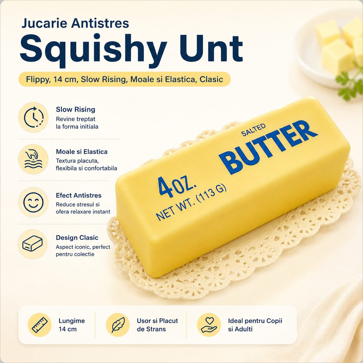 Jucarie Antistres Squishy, Baton De Unt Realist, Efect Slow Rising, Silicon Moale, 14 cm, Galben