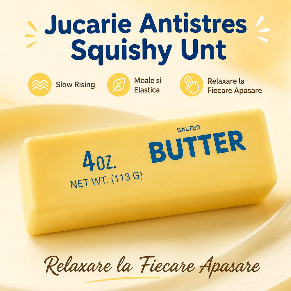 Jucarie Antistres Squishy, Baton De Unt Realist, Efect Slow Rising, Silicon Moale, 14 cm, Galben