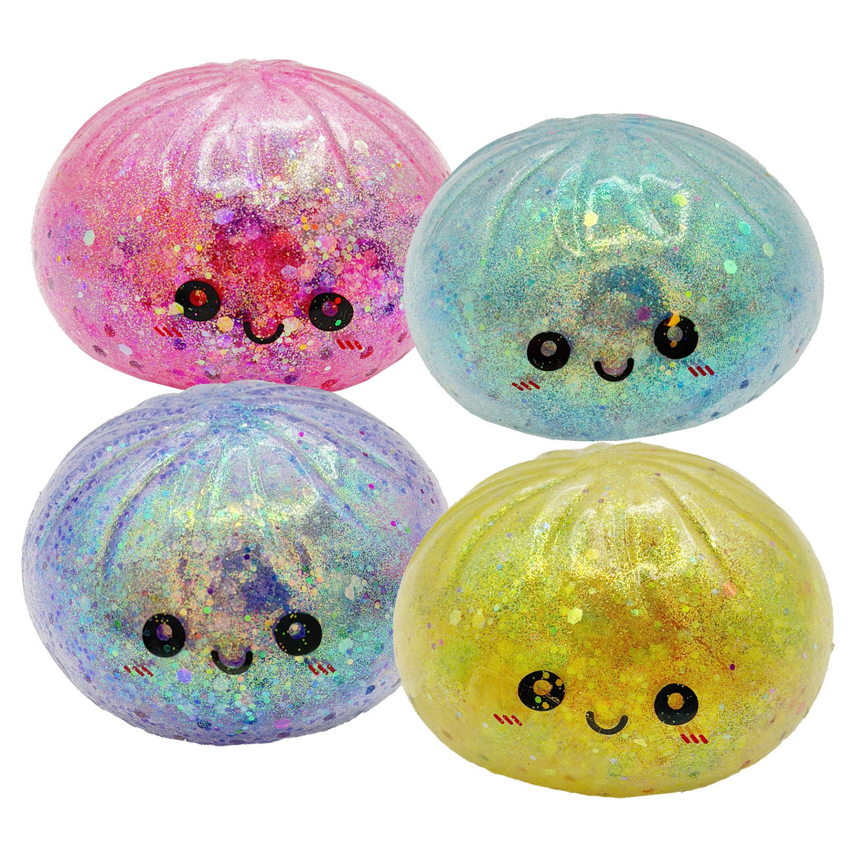 Minge Antistres Squishy, Design Kawaii cu Sclipici, Silicon Transparent, Set 4 Bucati, Multicolor
