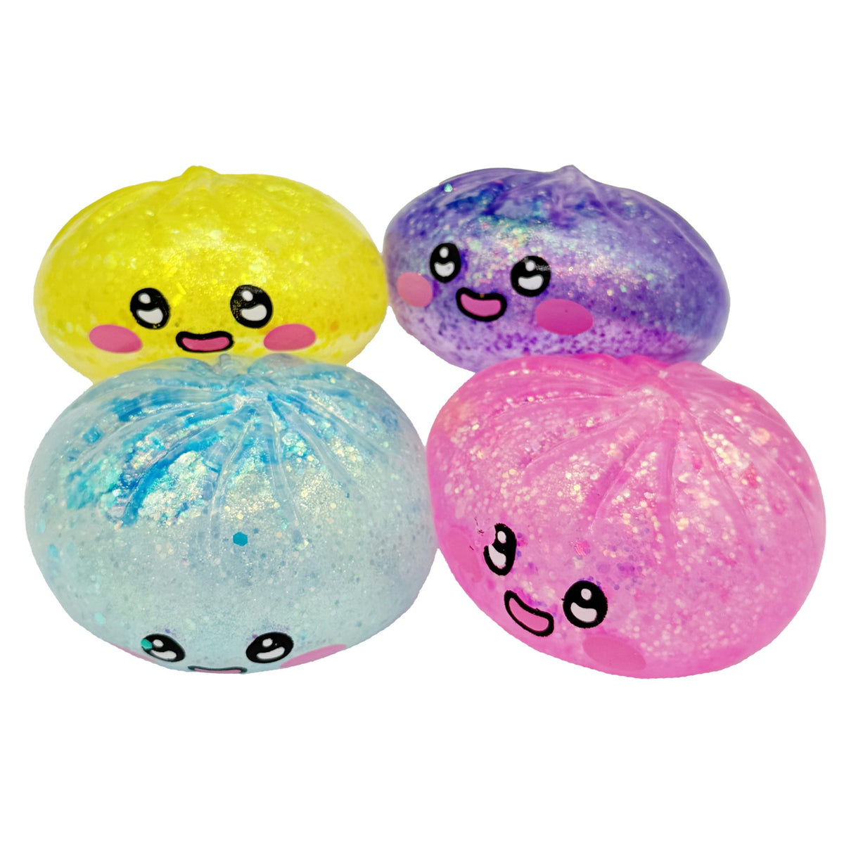 Jucarie Squishy Antistres, Model Dumpling cu Sclipici, Revenire Lenta, Termoplastic, 6.5 x 6.5 cm, Culoare Mix Surpriza
