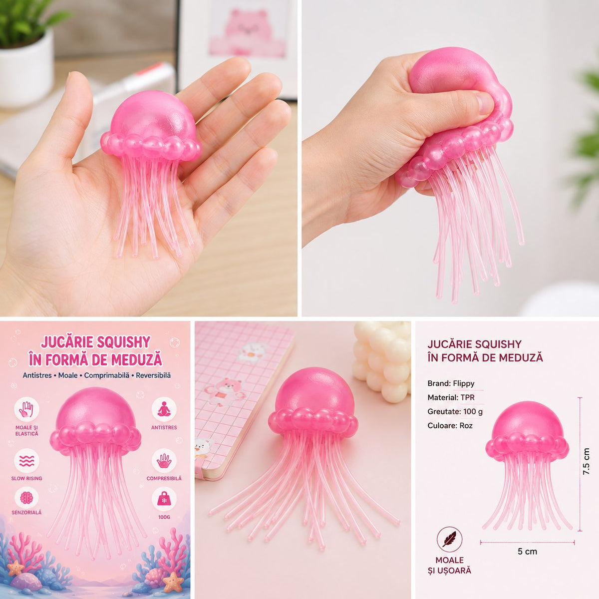 Jucarie Squishy Meduza, Antistres Senzorial Slow Rising cu Tentacule Flexibile, Silicon și Plastic Translucid, 100 g, Roz
