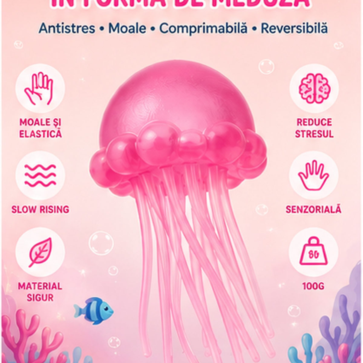 Jucarie Squishy Meduza, Antistres Senzorial Slow Rising cu Tentacule Flexibile, Silicon și Plastic Translucid, 100 g, Roz