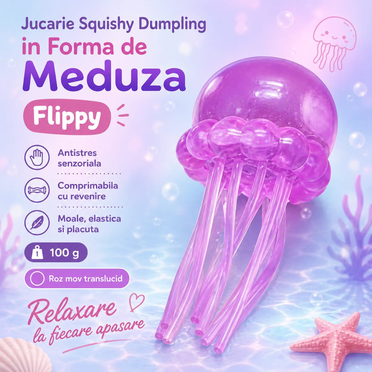 NeeDoh Groovy Glob, Jucarie Senzoriala Antistres Meduza, Gel Newtonian Moale, 100 g, Roz
