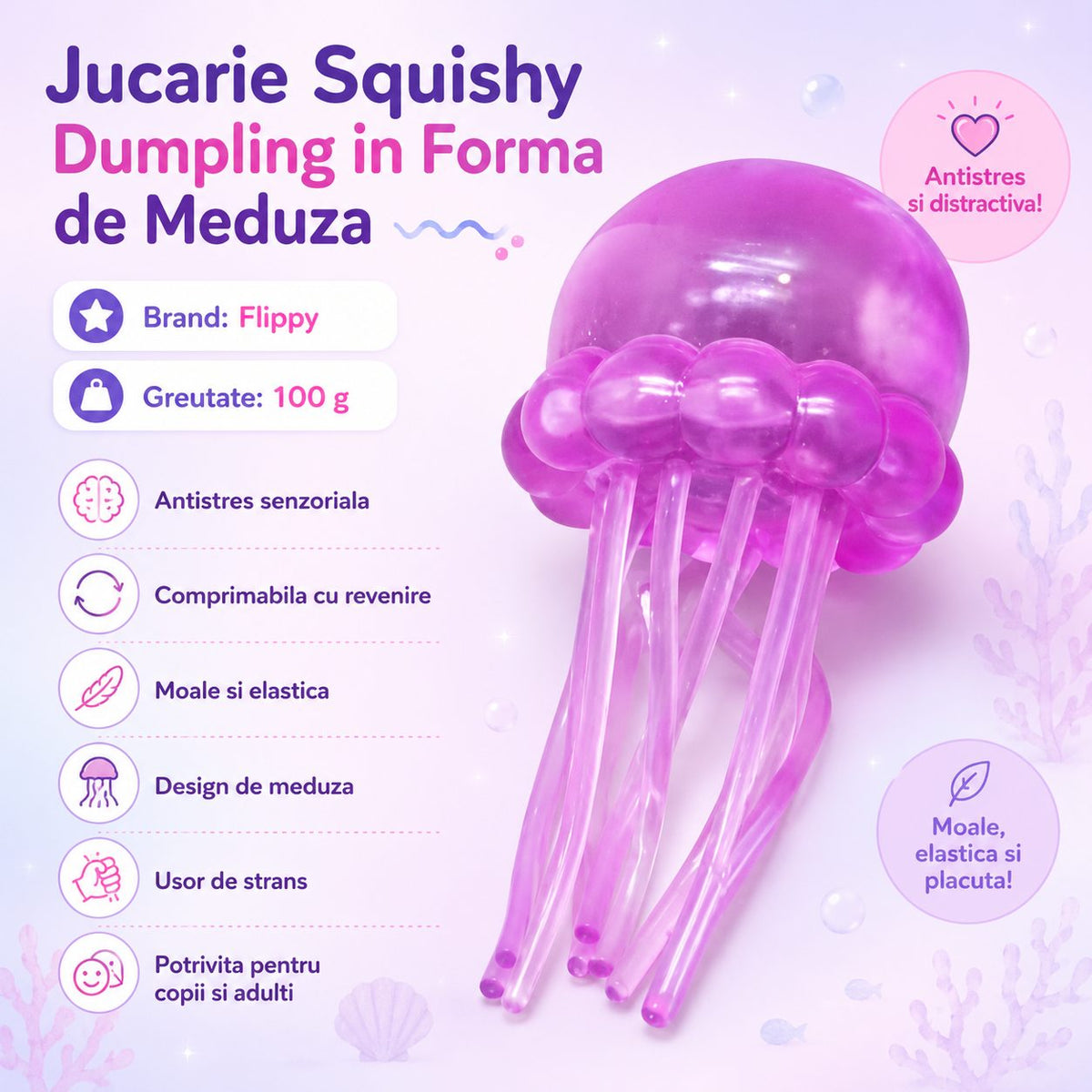 NeeDoh Groovy Glob, Jucarie Senzoriala Antistres Meduza, Gel Newtonian Moale, 100 g, Roz