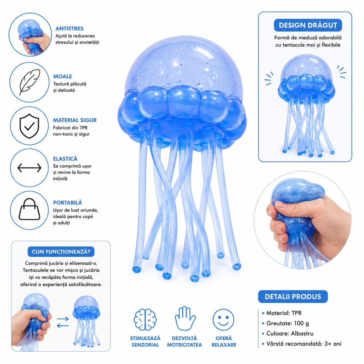 Jucarie Squishy Meduza, Antistres Senzoriala Slow Rising, Silicon Gelatinos, 100 g, Albastru