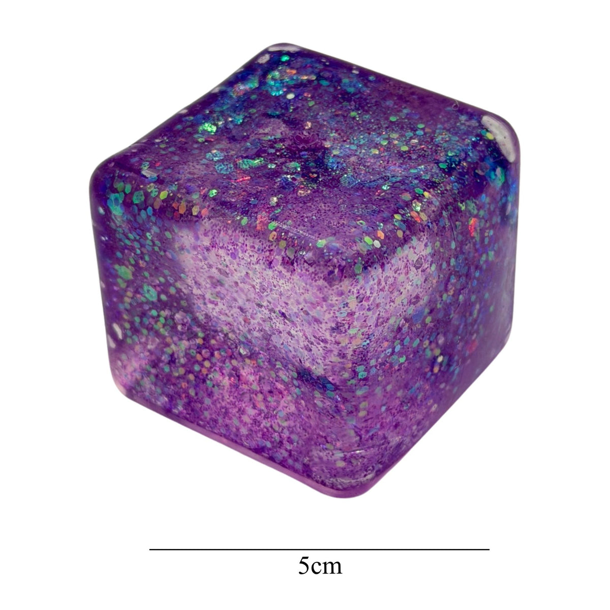 Jucarie Squishy Antistres, Cub Fidget 3D Magic Glitter, Revenire Lenta din Maltoza, Mov, 5 cm, 140 g