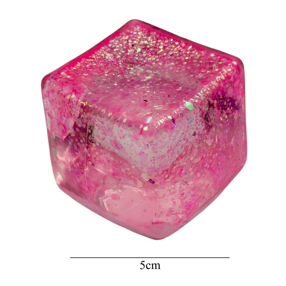 Jucarie Squishy Antistres Cub Fidget 3D, Magic Glitter Ice Cube Revenire Lenta, TPR cu Maltoza, 5 cm, 140 g, Roz