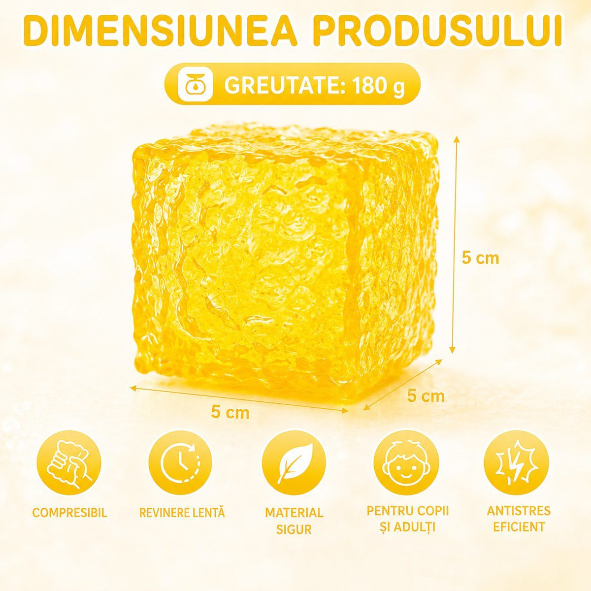 Jucarie Squishy Needoh Cub Fidget 3D, Antistres Senzorial Comprimabil, Termoplastic, 5x5x5 cm, Galben