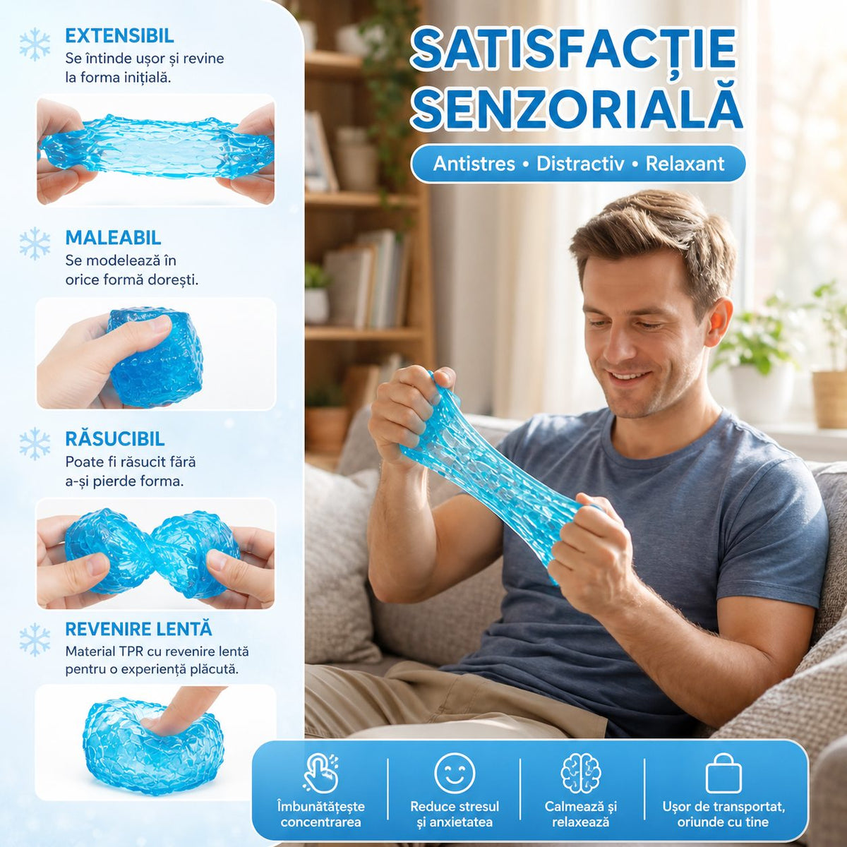 Jucarie Squishy Antistres Tip Needoh, Cub Fidget Senzorial Comprimabil cu Revenire, Gel Termoplastic, 5x5x5 cm, Albastru