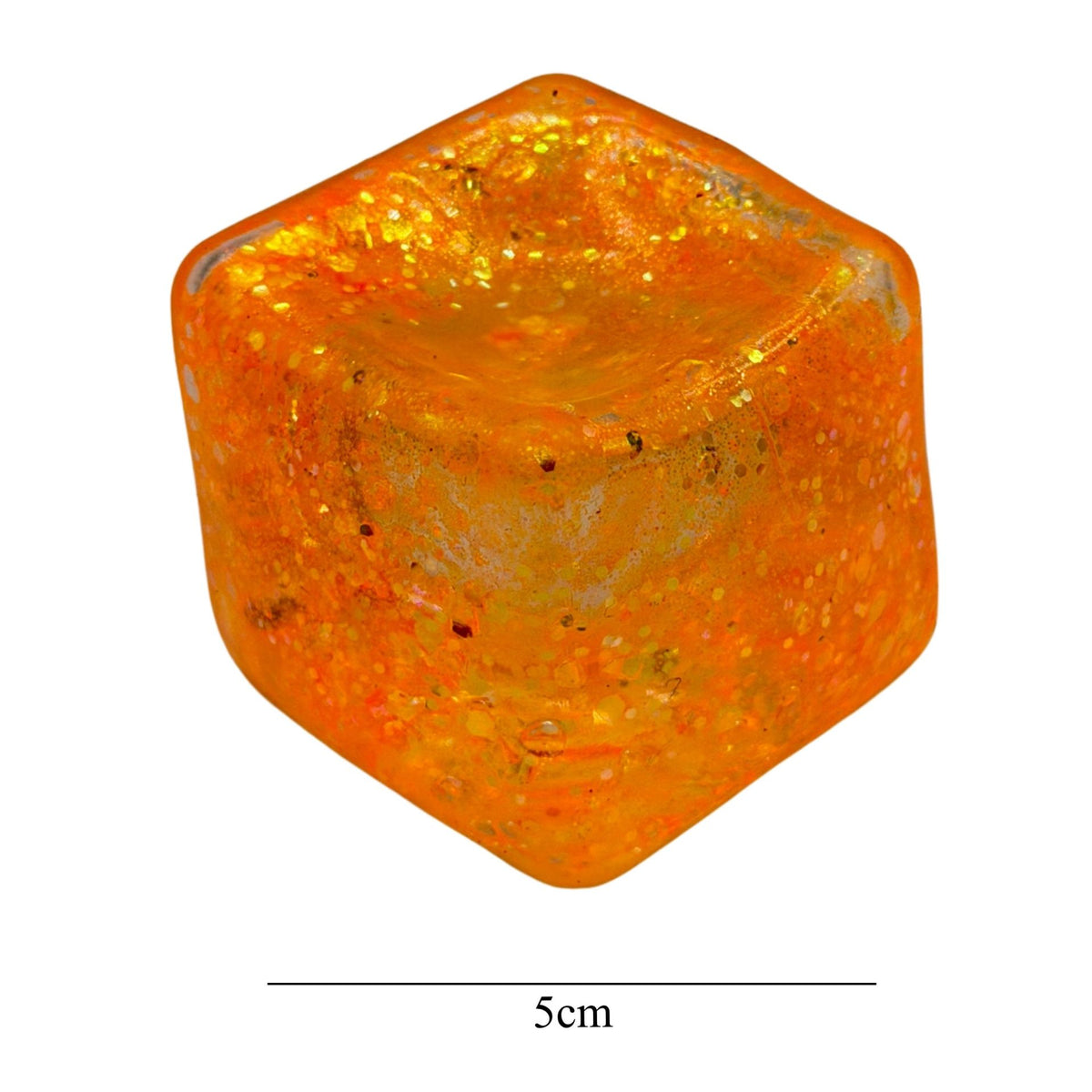 Jucarie Squishy Antistres, Model Ice Cube cu Sclipici, Miez din Maltoza cu Revenire Lenta, TPR, 5x5 cm, Galben