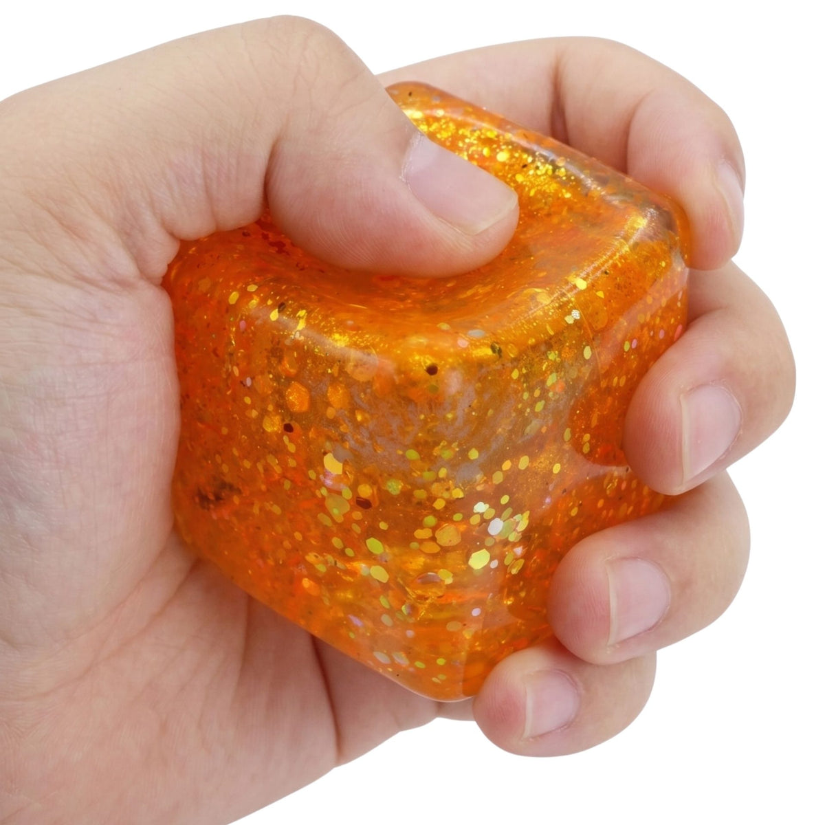 Jucarie Squishy Antistres, Model Ice Cube cu Sclipici, Miez din Maltoza cu Revenire Lenta, TPR, 5x5 cm, Galben