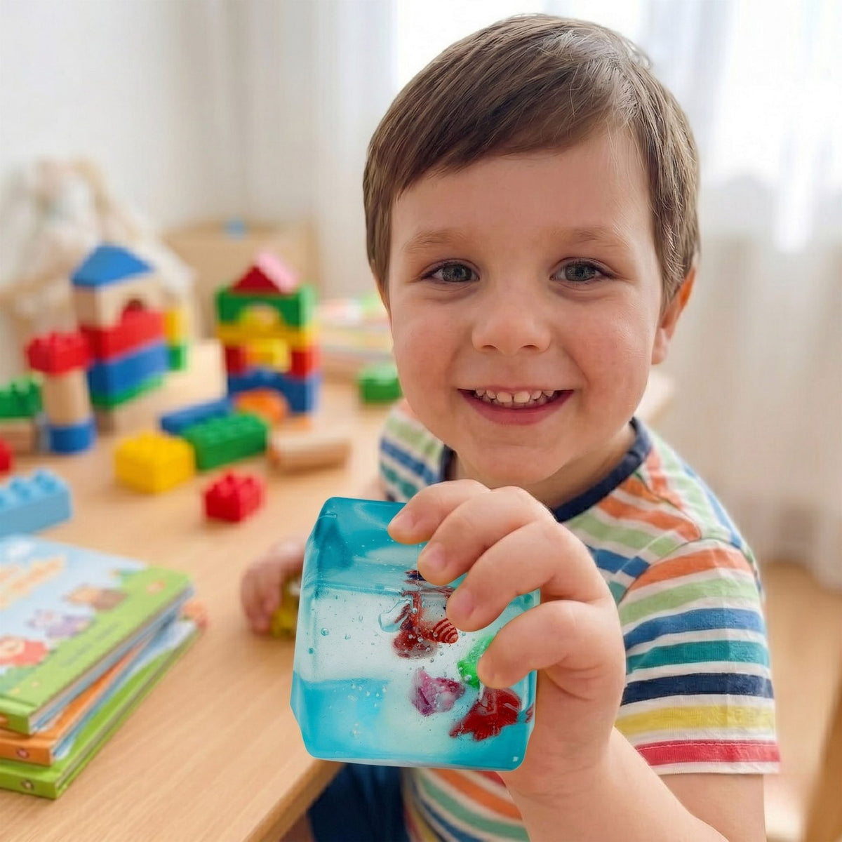 Jucarie Squishy Cub Fidget 3D, Antistres Senzorial cu Scoici, Silicon Inalta Densitate, 5 cm, Albastru
