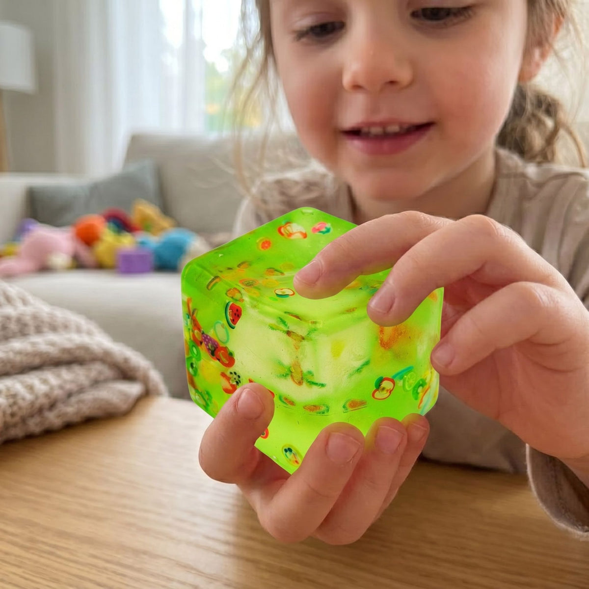 Jucarie Squishy Cub Fidget 3D, Antistres Senzorial Super Solid, Silicon Dens, Model Fructe de Vara, 5 cm, Verde