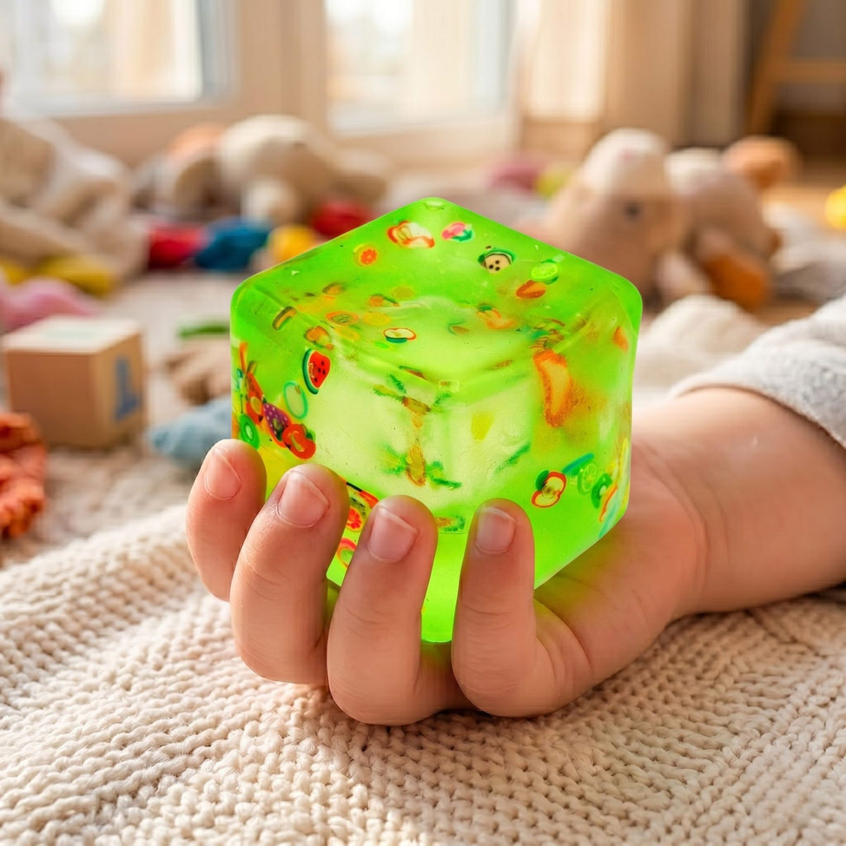 Jucarie Squishy Cub Fidget 3D, Antistres Senzorial Super Solid, Silicon Dens, Model Fructe de Vara, 5 cm, Verde