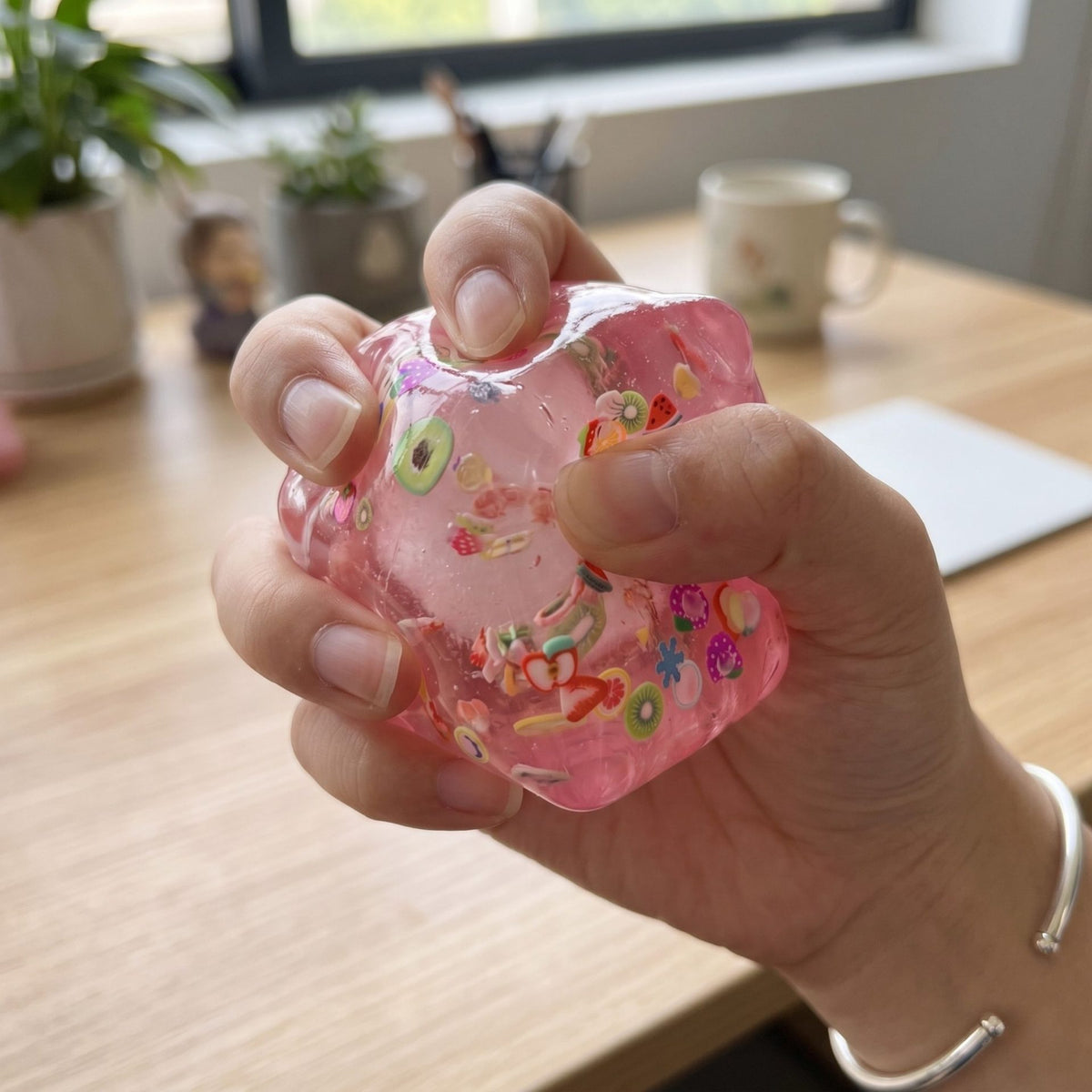 Jucarie Squishy Antistres Cub Fidget 3D, Model Fructe de Vara Super Solid, Silicon Dens, 5 cm, Roz