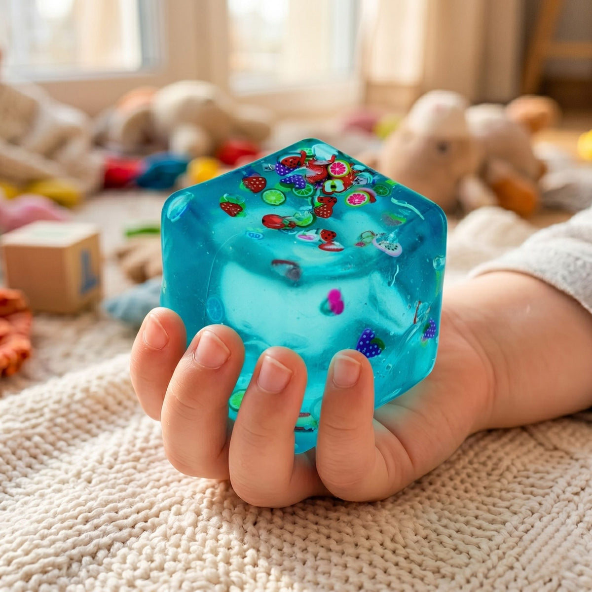 Jucarie Squishy Cub Fidget 3D, Antistres Senzorial Super Solid, Silicon Dens, Model Fructe de Vara, Albastru, 5 cm