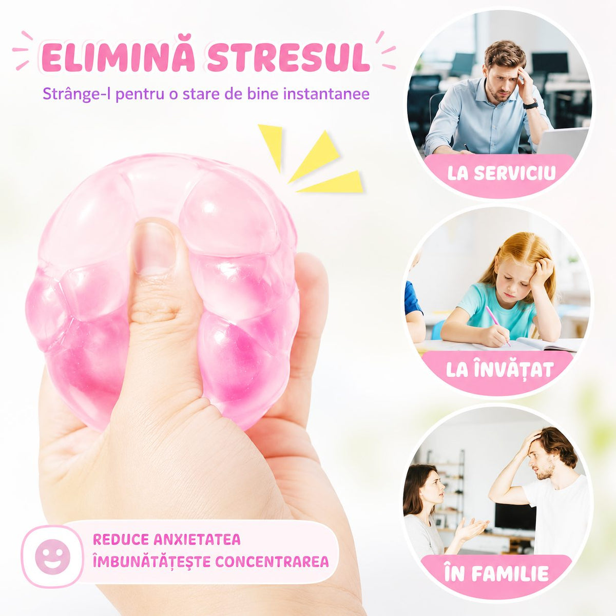Jucarie Antistres Magic Bubble Cube 3D, Squishy Senzorial Comprimabil, Termoplastic, 5x5x5 cm, Roz