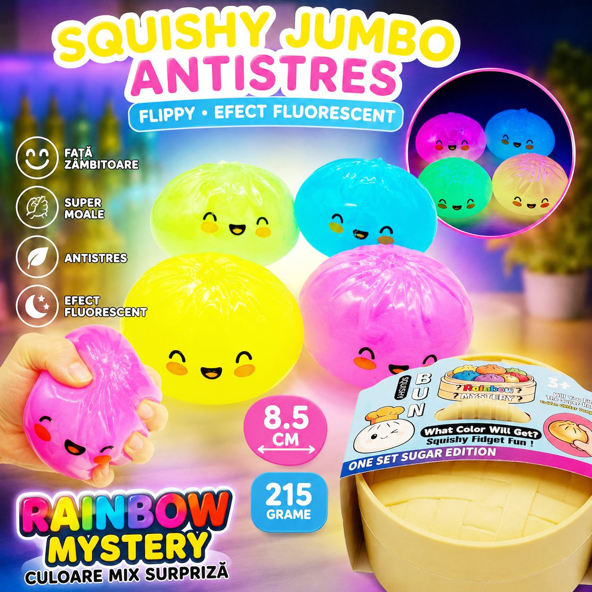 Jucarie Squishy Antistres, Model Fata Zambitoare cu Efect Fluorescent, Termoplastic, 8.5 cm, Culoare Mix Surpriza