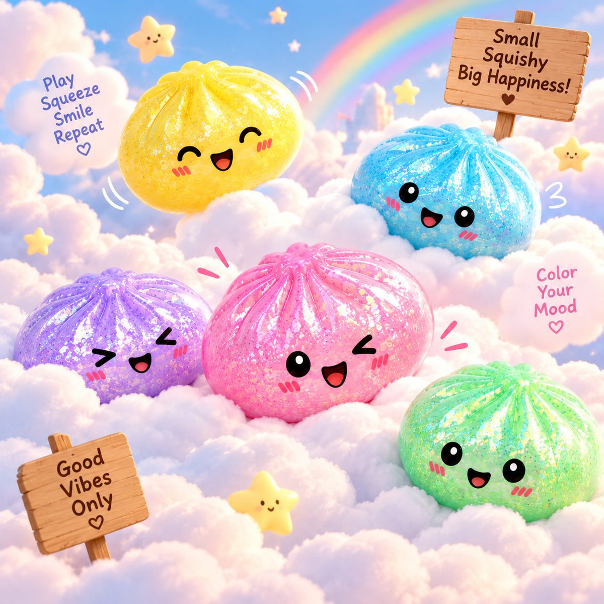 Jucarie Squishy Antistres Dumpling, Revenire Lenta cu Sclipici Irizat, Silicon Moale, 16x16 cm, Culoare Surpriza Mystery Box