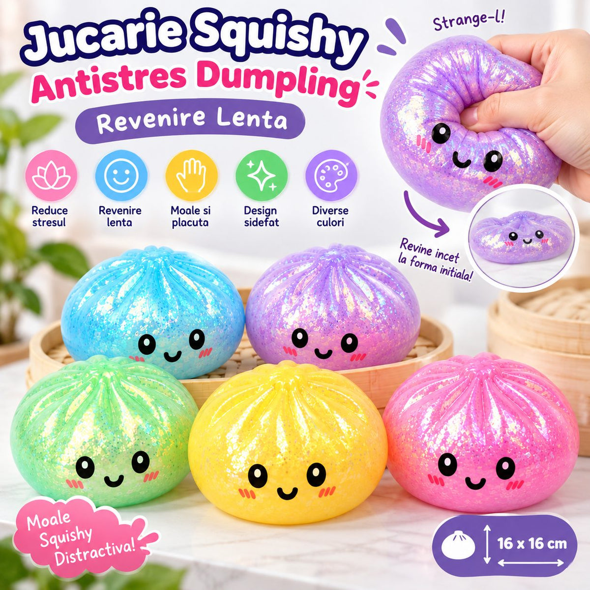 Jucarie Squishy Antistres Dumpling, Revenire Lenta cu Sclipici Irizat, Silicon Moale, 16x16 cm, Culoare Surpriza Mystery Box