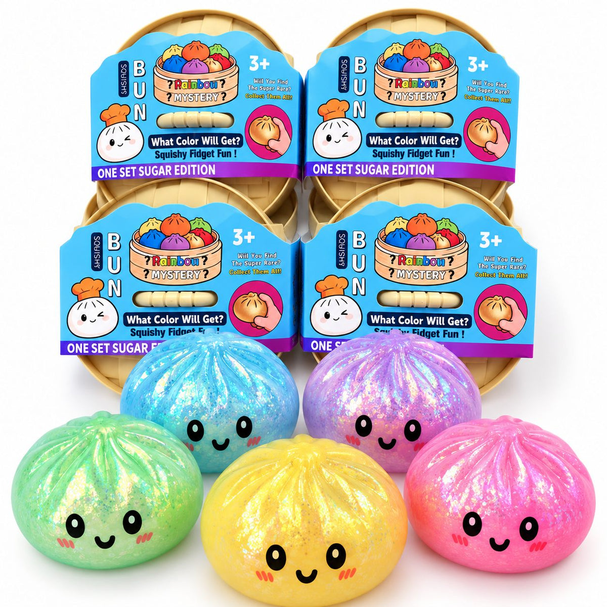 Jucarie Squishy Antistres Dumpling, Revenire Lenta cu Sclipici Irizat, Silicon Moale, 16x16 cm, Culoare Surpriza Mystery Box