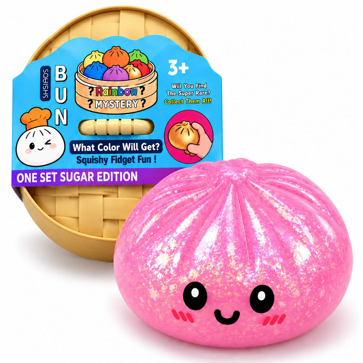 Jucarie Squishy Antistres Dumpling, Revenire Lenta cu Sclipici Irizat, Silicon Moale, 16x16 cm, Culoare Surpriza Mystery Box