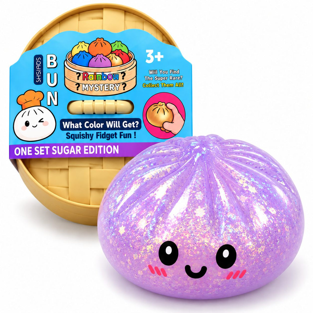 Jucarie Squishy Antistres Dumpling, Revenire Lenta cu Sclipici Irizat, Silicon Moale, 16x16 cm, Culoare Surpriza Mystery Box