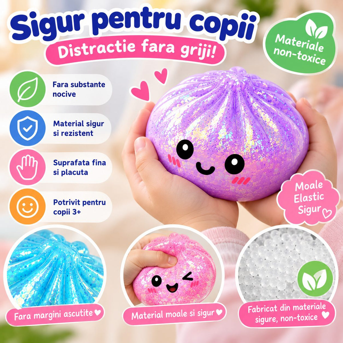Jucarie Squishy Antistres Dumpling, Revenire Lenta cu Sclipici Irizat, Silicon Moale, 16x16 cm, Culoare Surpriza Mystery Box