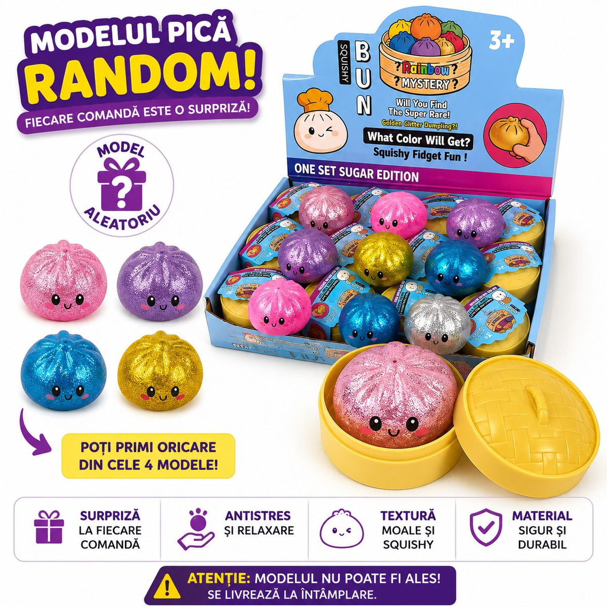 NeeDoh Jucarie Squishy Dumpling, Antistres Senzoriala Kawaii cu Glitter, Spuma Moale, 5.5 cm, Mix Culori