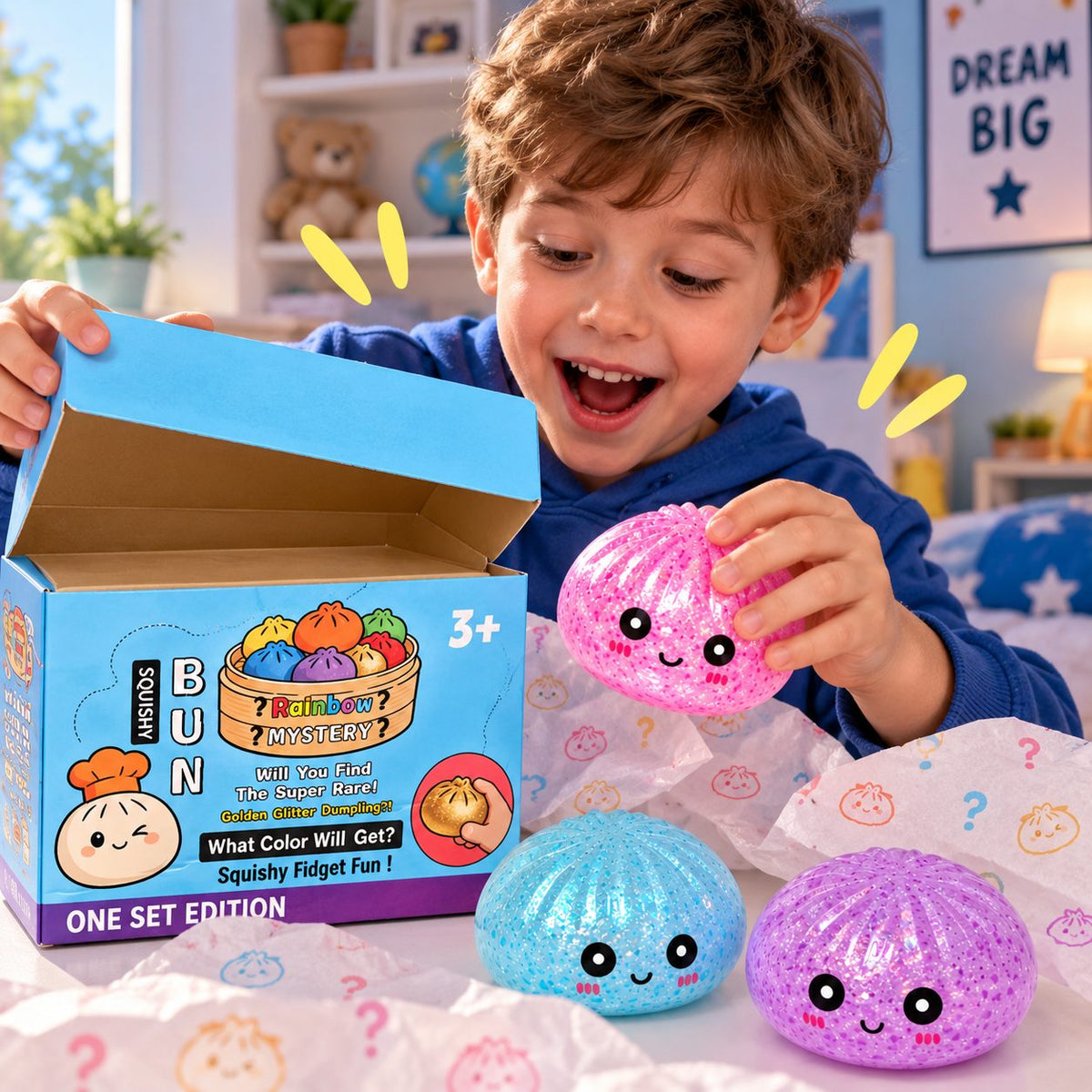 Mishos Jucarie Squishy Antistres Dumpling, Revenire Lenta cu Sclipici, Silicon, 16x16 cm, Culori Diverse
