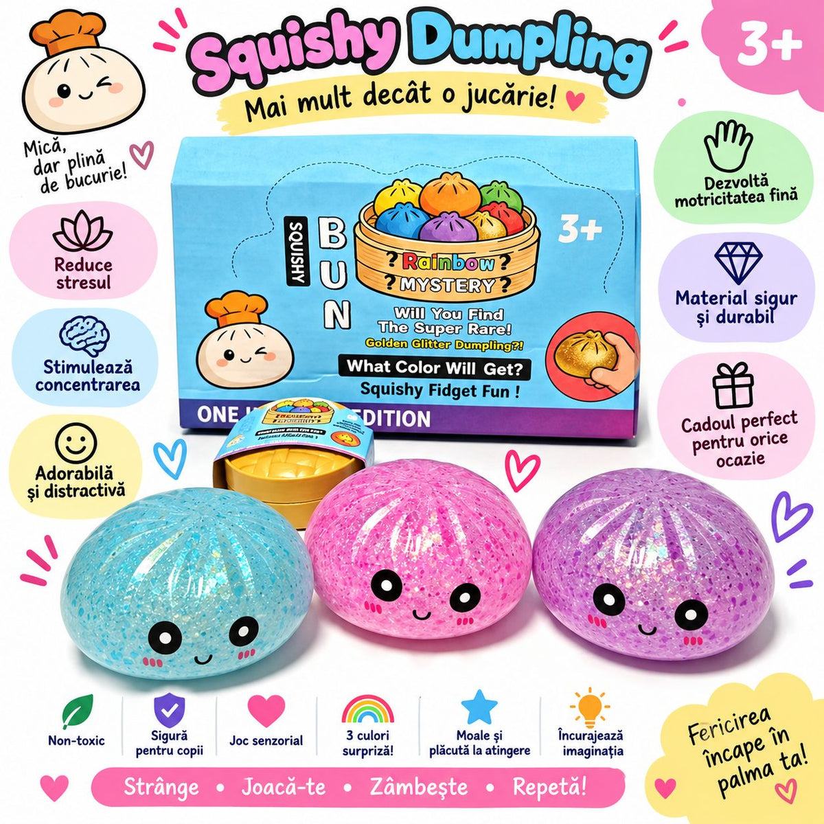 Mishos Jucarie Squishy Antistres Dumpling, Revenire Lenta cu Sclipici, Silicon, 16x16 cm, Culori Diverse