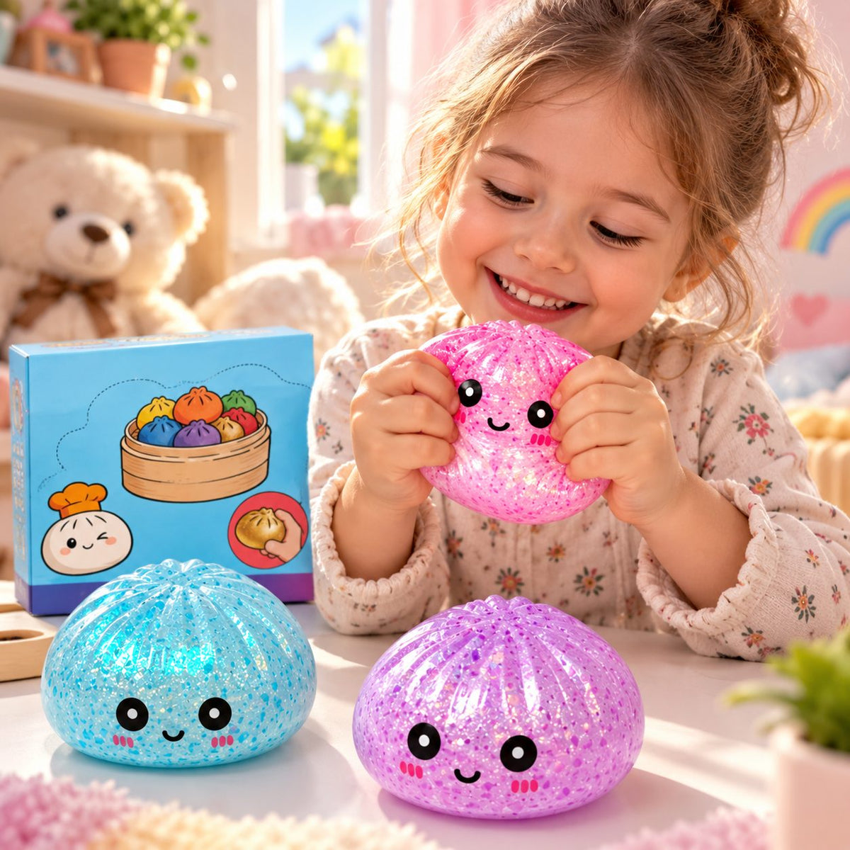 Mishos Jucarie Squishy Antistres Dumpling, Revenire Lenta cu Sclipici, Silicon, 16x16 cm, Culori Diverse