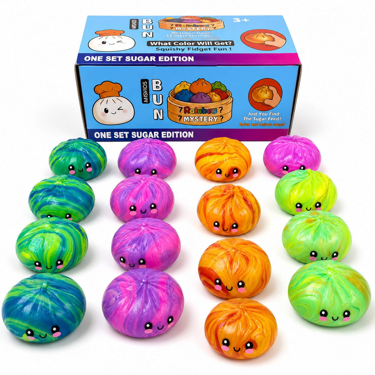 Mishos Bun Bun Jucarie Squishy Antistres, Design Briosa Kawaii, Spuma PU, Set 16 Bucati, Culori Mix Surpriza
