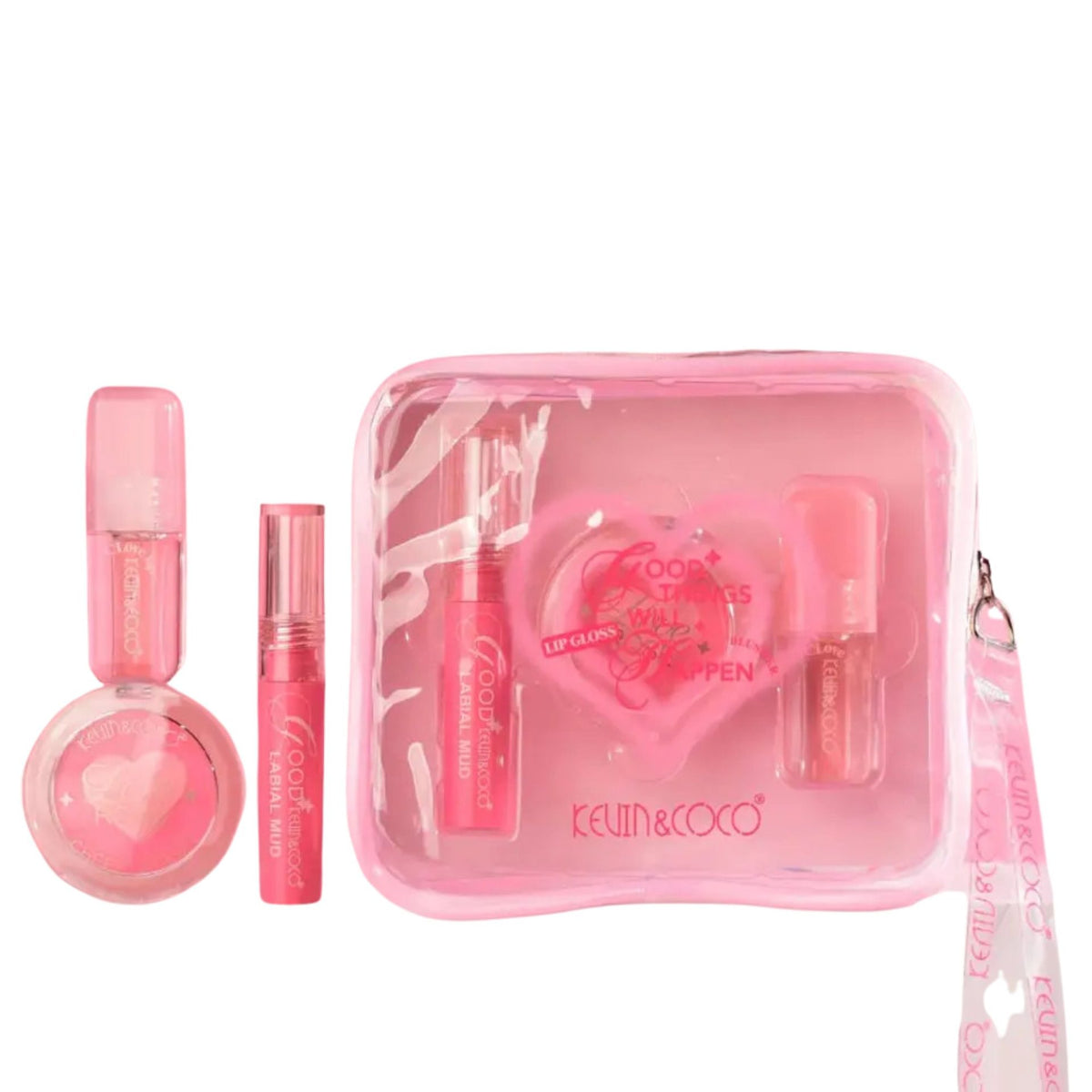 Kevin&Coco Set Machiaj Complet Good Things Will Happen, Kit Portabil cu Blush Lichid, Pudra Fard de Obraz Inima si Luciu de Buze, Portfard Transparent Inclus, 3 Piese, Roz
