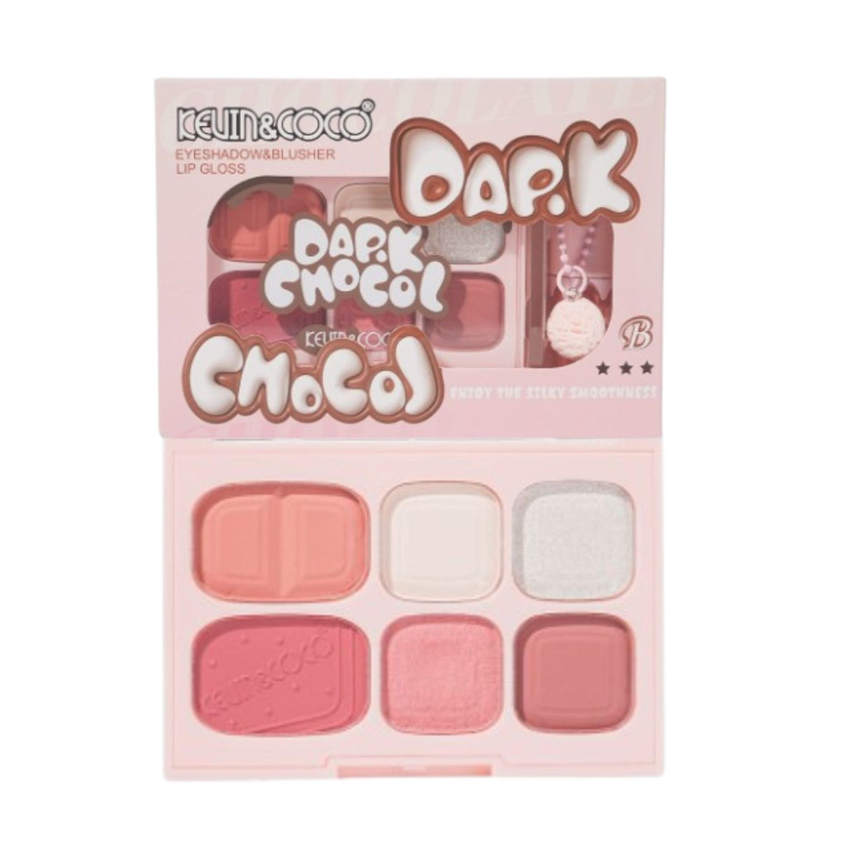 Kevin&Coco Set Machiaj, Paleta Farduri de Ochi si Lip Gloss, Finisaj Mat si Shimmer, Textura Pudra si Lichida, 6 Nuante, 10.4 g, Roz