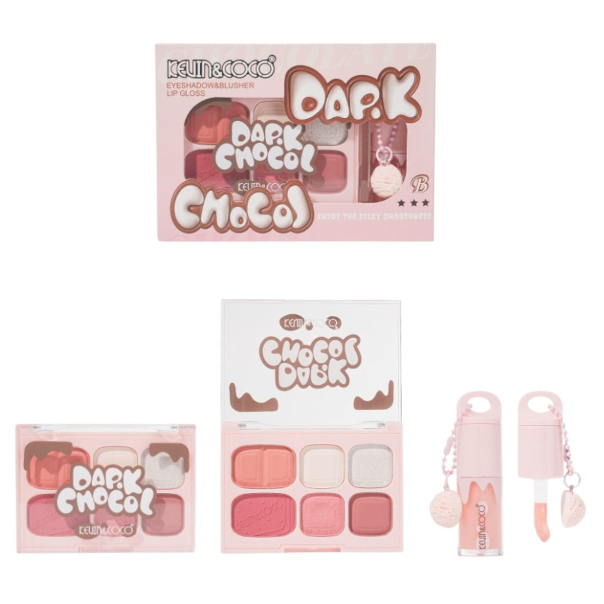 Kevin&Coco Set Machiaj, Paleta Farduri de Ochi si Lip Gloss, Finisaj Mat si Shimmer, Textura Pudra si Lichida, 6 Nuante, 10.4 g, Roz