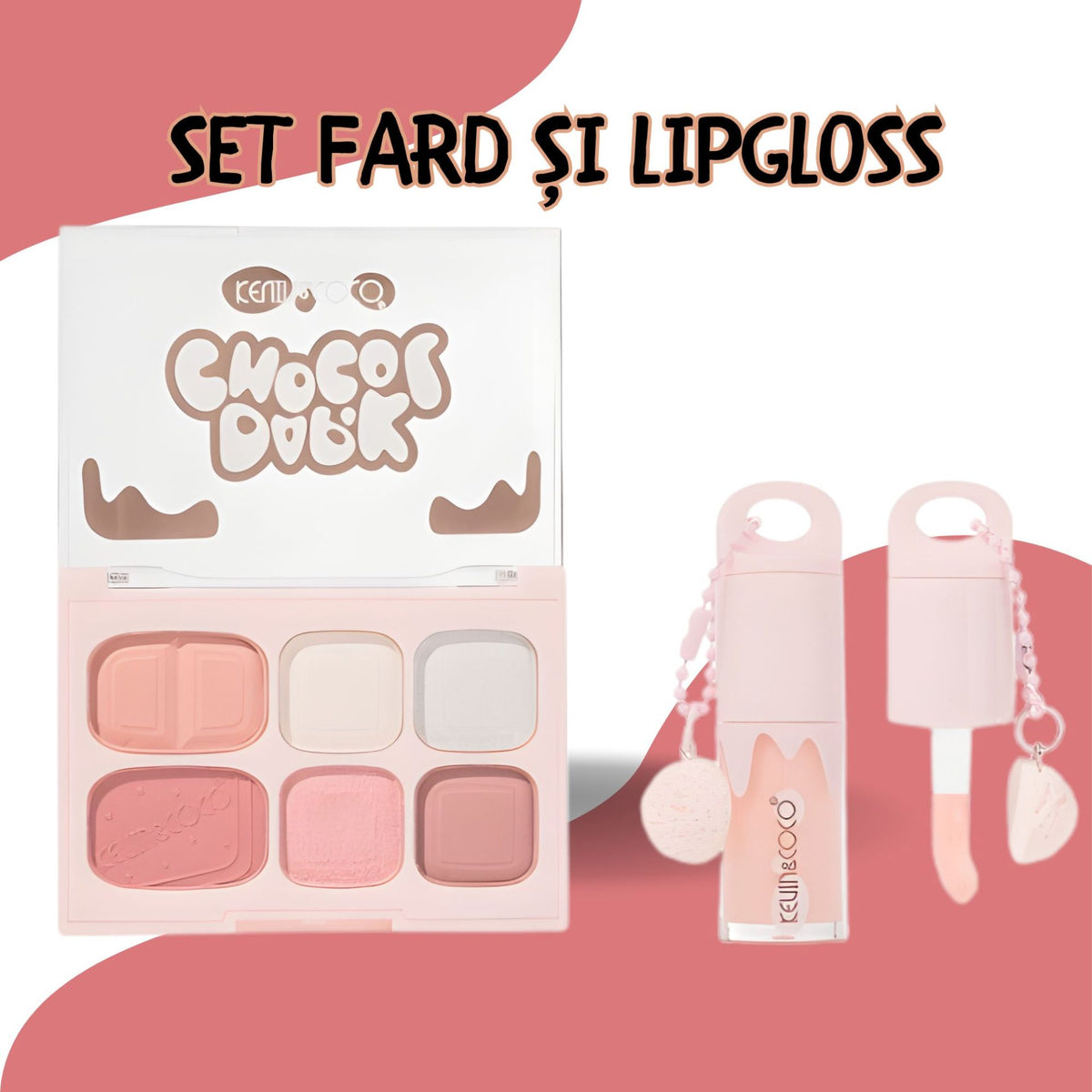 Kevin&Coco Set Machiaj, Paleta Farduri de Ochi si Lip Gloss, Finisaj Mat si Shimmer, Textura Pudra si Lichida, 6 Nuante, 10.4 g, Roz