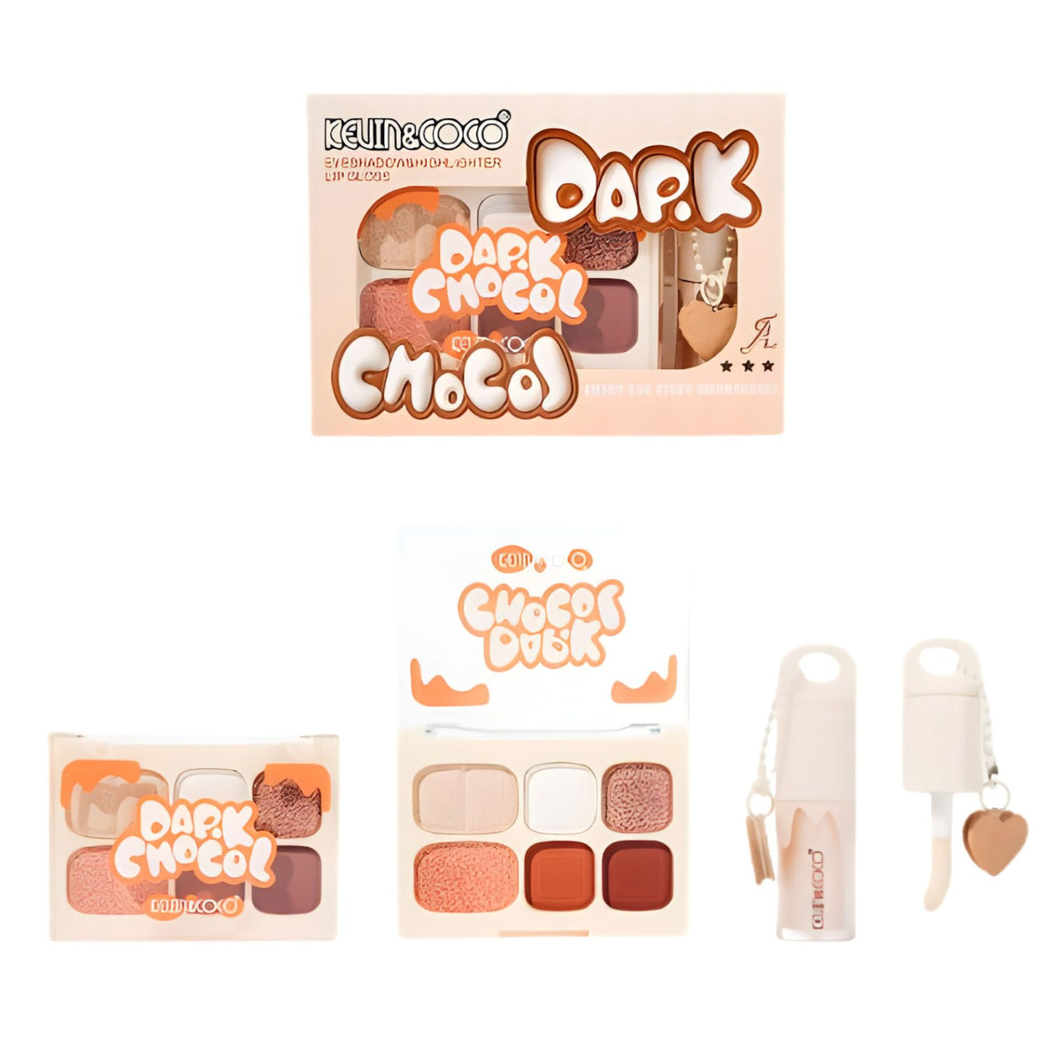 Set Machiaj Kevin&Coco, Paleta Farduri de Ochi si Gloss de Buze, 6 Nuante Mate si Shimmer, Pigmentare Intensa, Portocaliu, 10.4 g