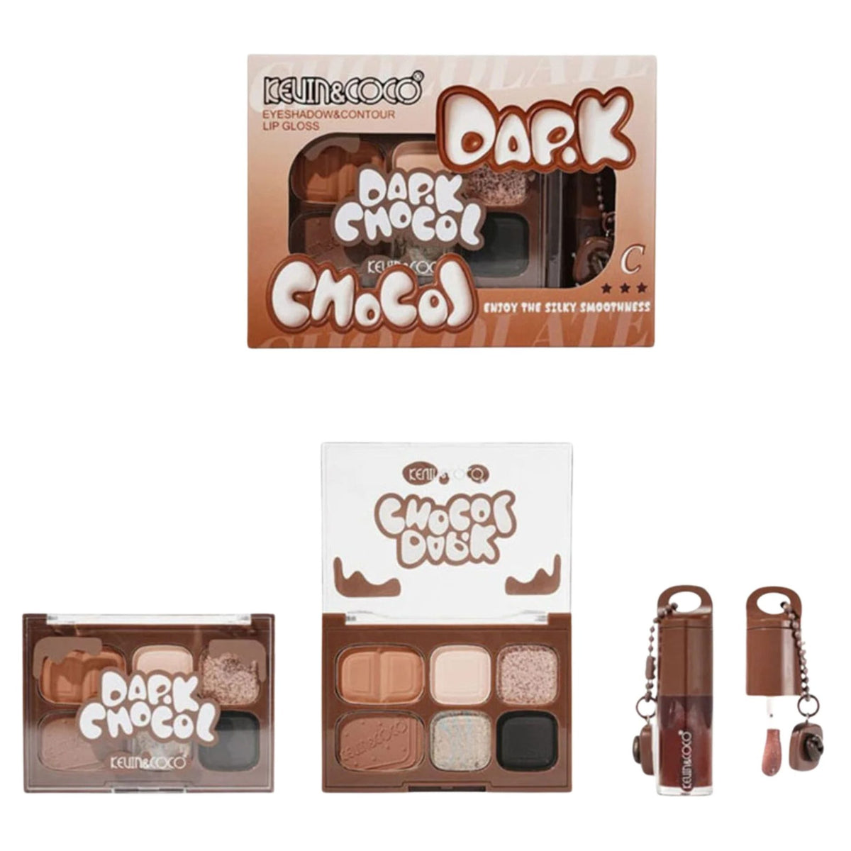 Kevin&Coco Set Machiaj cu Paleta Farduri de Ochi si Lip Gloss, 6 Nuante Pigmentate, Finisaj Mat si Shimmer, Oglinda Inclusa, Maro, 10.4 g