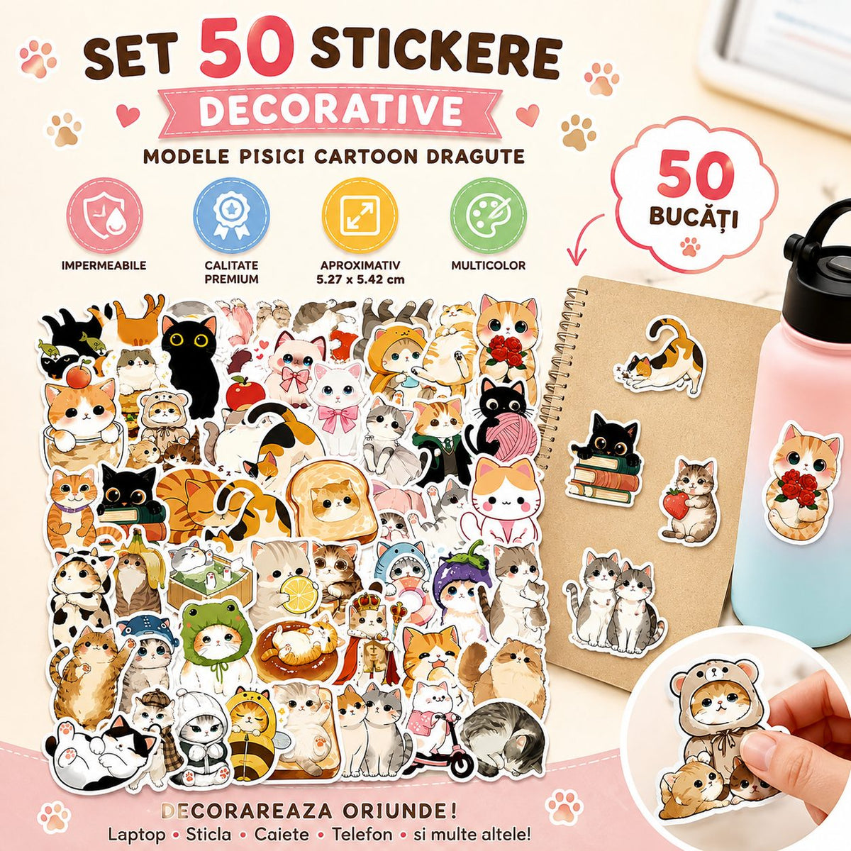 Stickere Decorative Pisici Kawaii, Modele Anime Die-Cut, Hartie Autocolanta, 50 Piese, Multicolor